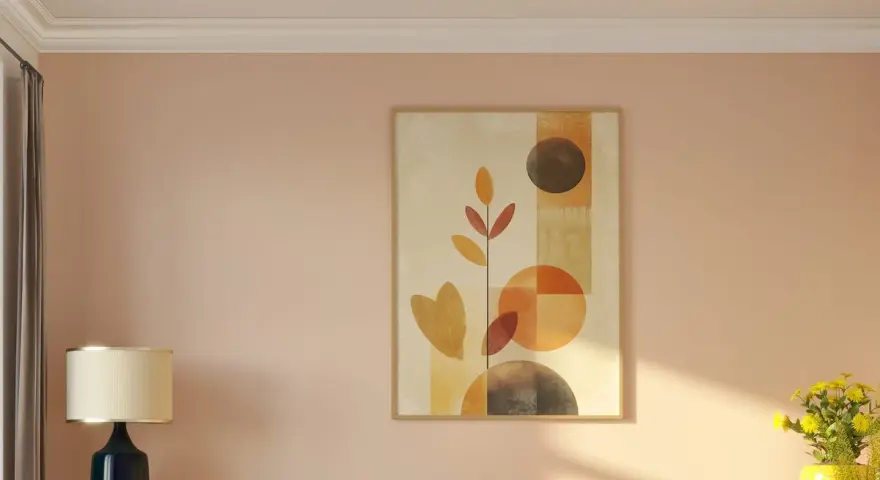 Paredes en tono melocotón, perfectas para saber como pintar mi casa por dentro colores de moda. Sofá amarillo y arte abstracto.