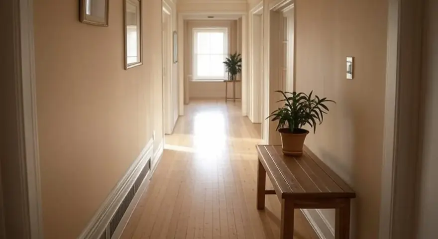 Ideas para como colocar cuadros en un pasillo largo y estrecho: dos cuadros en la pared, una planta y un banco de madera.