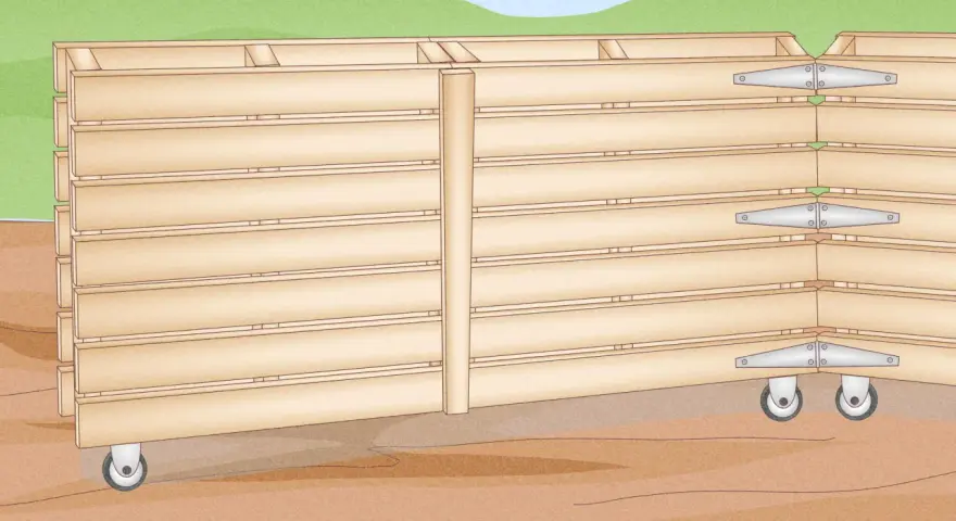 Estructura de madera apilada con ruedas y bisagras, mostrando cómo anclar palets al suelo para crear estanterías resistentes.