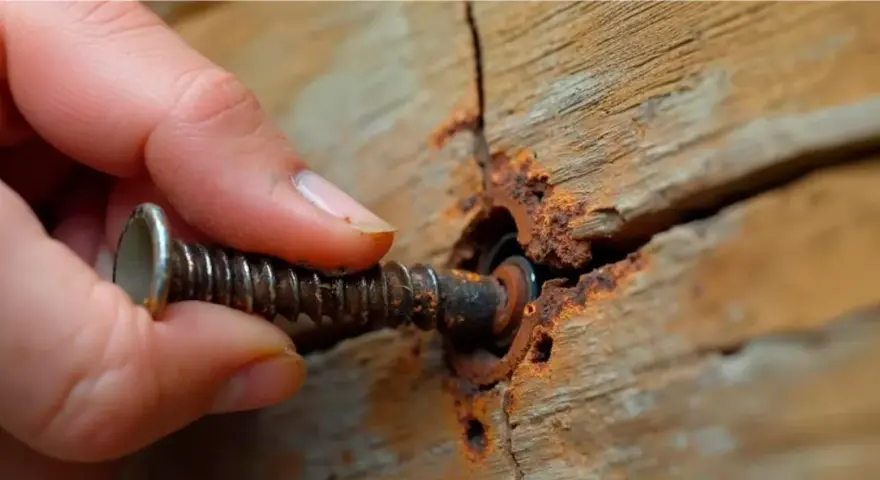 Mano girando un tornillo oxidado en madera agrietada. Se desatornilla hacia la izquierda.