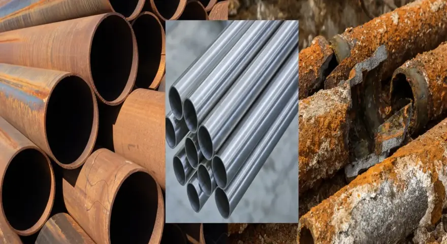 Tubos oxidados y corroídos, mostrando la diferencia entre corrosión y oxidación. Tubos nuevos y dañados.