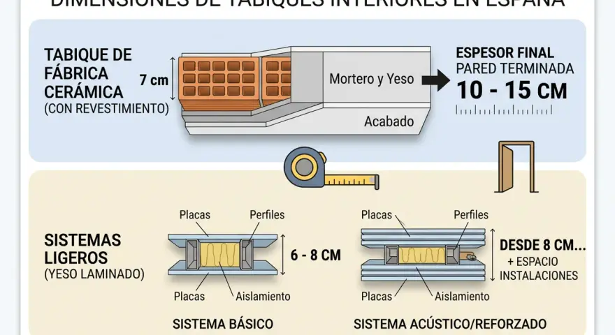 Ilustración compara el grosor tabique entre viviendas: ladrillo cerámico (7 cm), sistemas ligeros (6-8 cm) y acústicos (desde 8 cm).