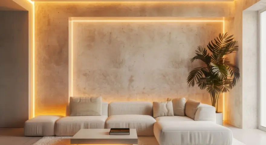 Un salón moderno con sofá blanco, alfombra mullida y una iluminación ambiental cálida que realza la textura de la pared. Una planta aporta vida.