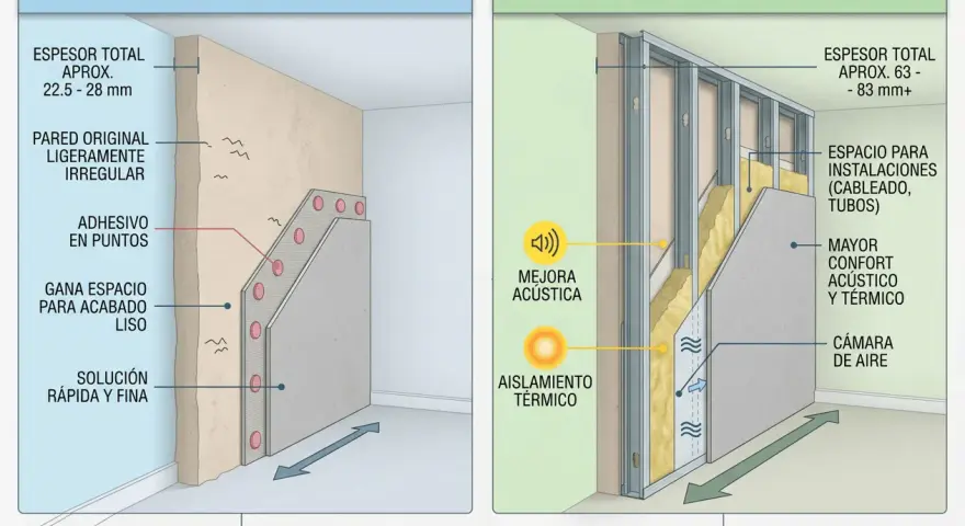 Comparativa de trasdosados: directo (22.5-28mm) y autoportante (63-83mm+). El grosor muros exteriores casa varía según el sistema.