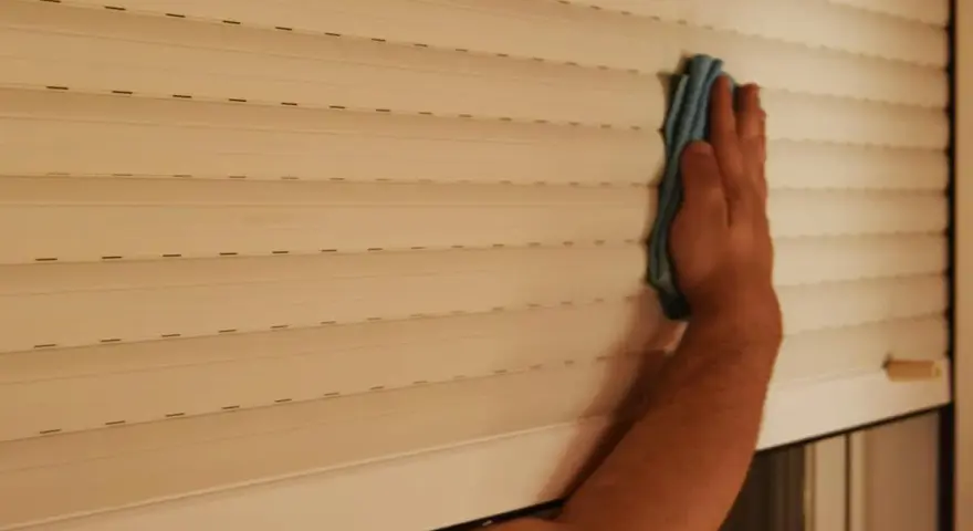 Mano limpiando persianas por fuera con un paño azul.