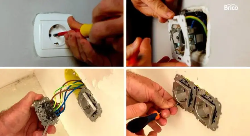 Manos trabajando para cambiar enchufe antiguo por uno nuevo. Se ve el proceso de desmontaje y conexión de cables.