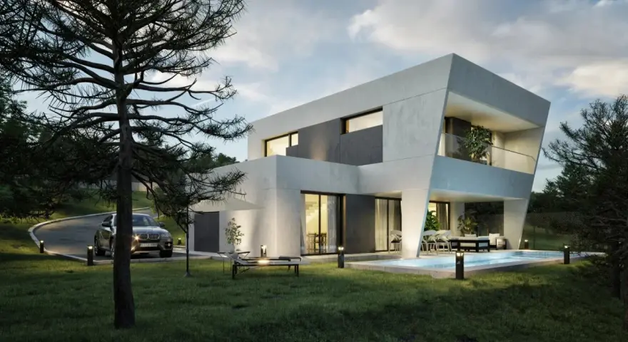 Casa moderna con piscina y jardín. ¿Cuanto dura una casa prefabricada? Esta parece hecha para durar.