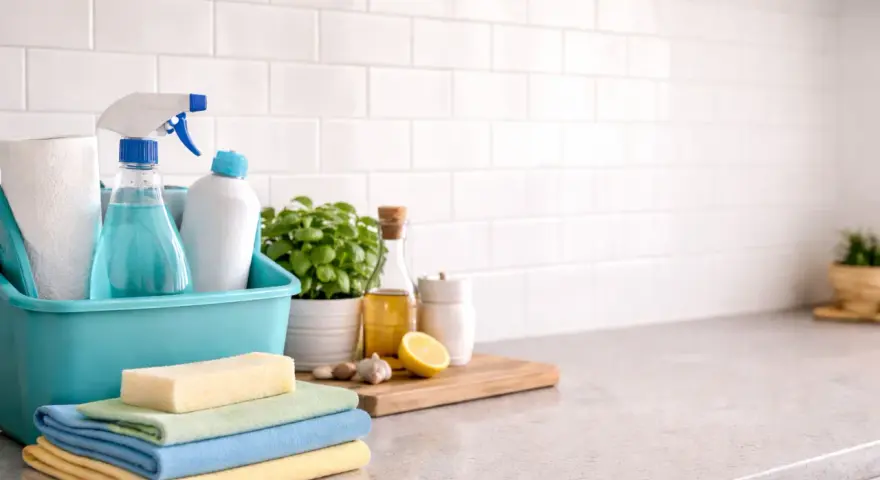 Todo lo necesario para saber como limpiar azulejos baño: esponjas, toallas, spray limpiador, planta y limón.