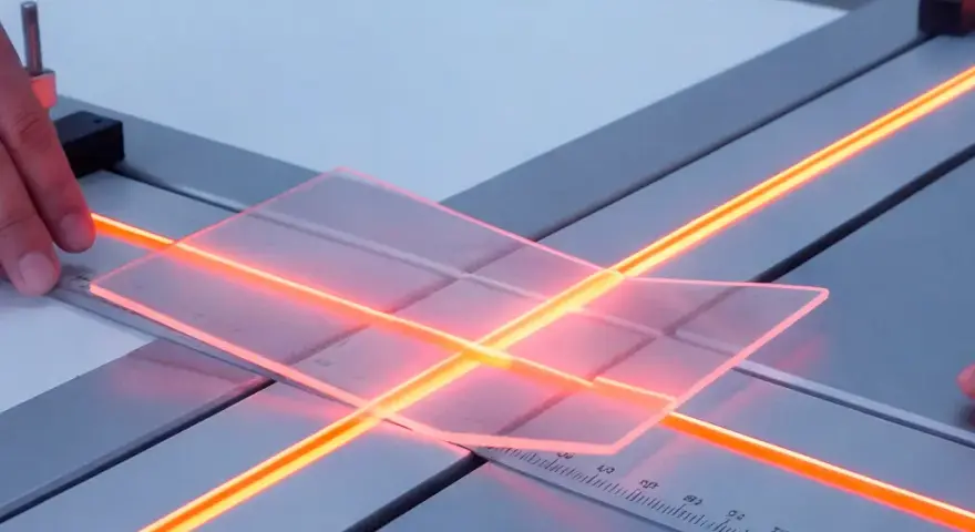 Manos sujetan metacrilato transparente sobre una guía con luces naranjas, preparándolo para moldear.