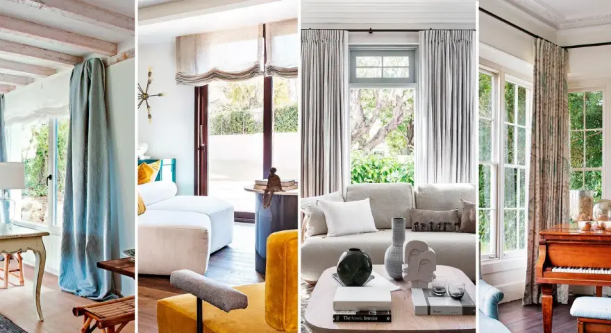Cuatro escenas de interiores que muestran formas originales de colgar cortinas: azules vaporosas, romanas de lino, grises plisadas y estampadas florales.