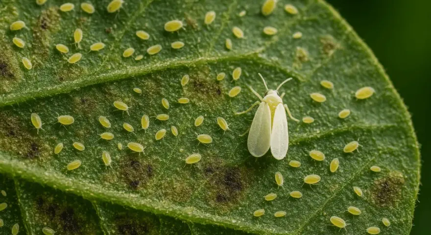 Una mosca blanca adulta y muchas ninfas cubren una hoja verde, indicando una infestación en las plantas.