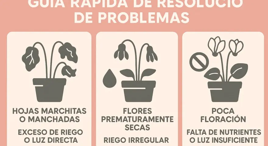 Guía de problemas de plantas: hojas marchitas, flores secas y poca floración. Si tu ciclamen tiene hojas amarillas, puede ser por falta de nutrientes o luz.