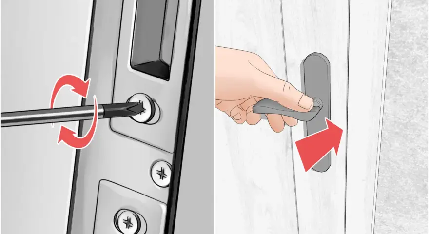 Paso 1: usar destornillador para ajustar tornillos de cerradura. Paso 2: mover manilla para ajustar puerta PVC descolgada.