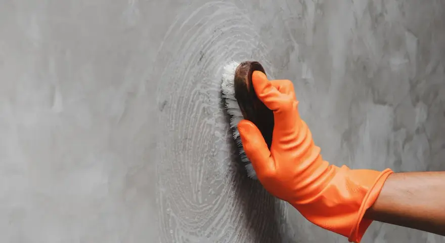 Mano con guante naranja limpiando una pared de concreto con un cepillo, dejando círculos de espuma.