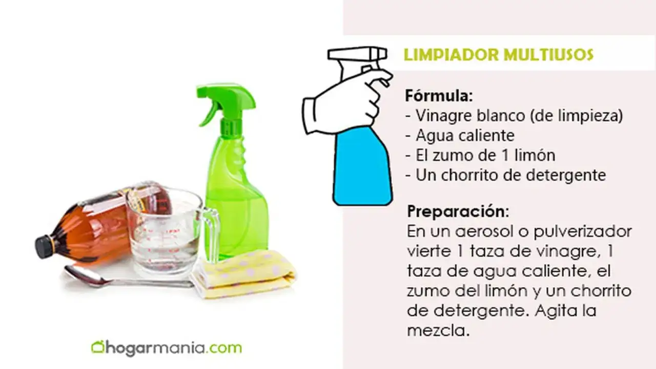 Botella de vinagre blanco, taza medidora con agua y un pulverizador verde. La f&oacute;rmula para un limpiador casero incluye vinagre blanco.