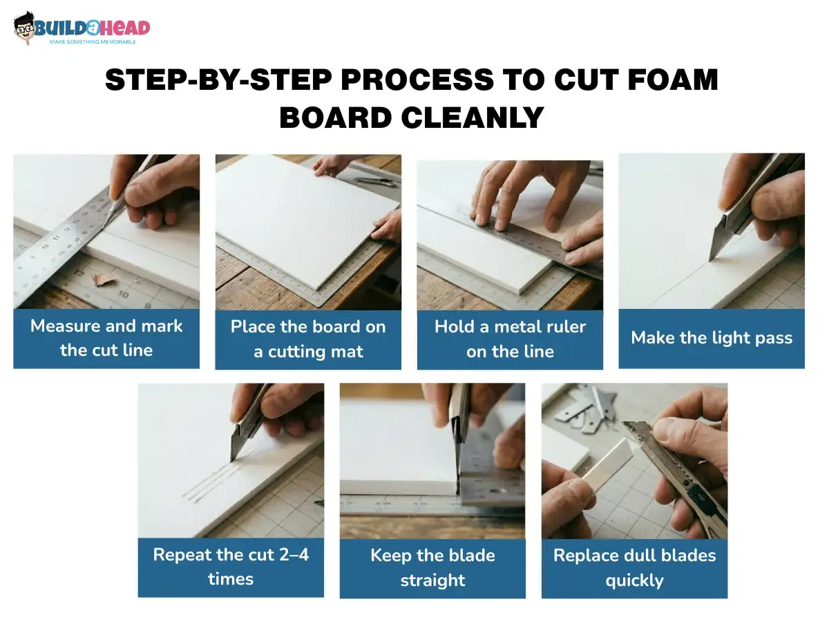 Proceso para cortar cart&oacute;n pluma: mide, marca, coloca sobre tapete, usa regla met&aacute;lica, haz pasadas ligeras, repite el corte y cambia la cuchilla si est&aacute; opaca.