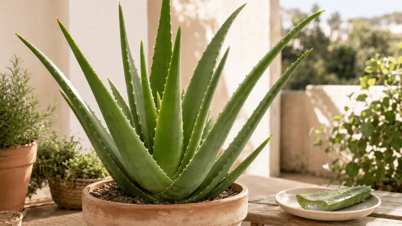 Planta de aloe vera en maceta de terracota, con una hoja cortada mostrando su gel. Ideal para cuidados de la piel.