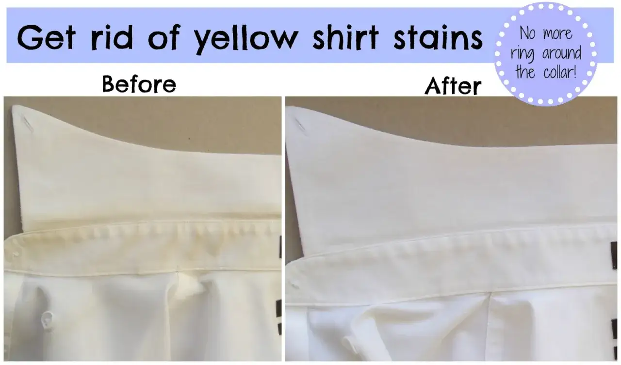 Demostración de cómo quitar manchas amarillas de ropa blanca. Antes y después de limpiar el cuello de una camisa.