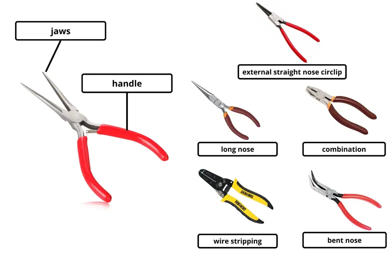 Diversos tipos de alicates: de punta fina, para circlips, combinados, para pelar cables y de punta curva.