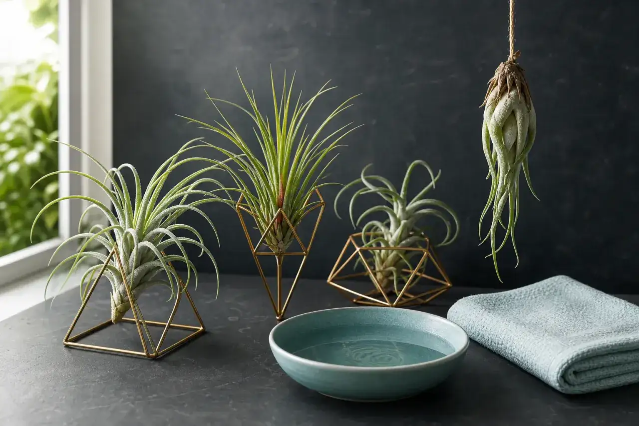 Tillandsias en soportes dorados, una colgando. Un cuenco con agua y una toalla sugieren los cuidados necesarios para estas plantas aéreas.