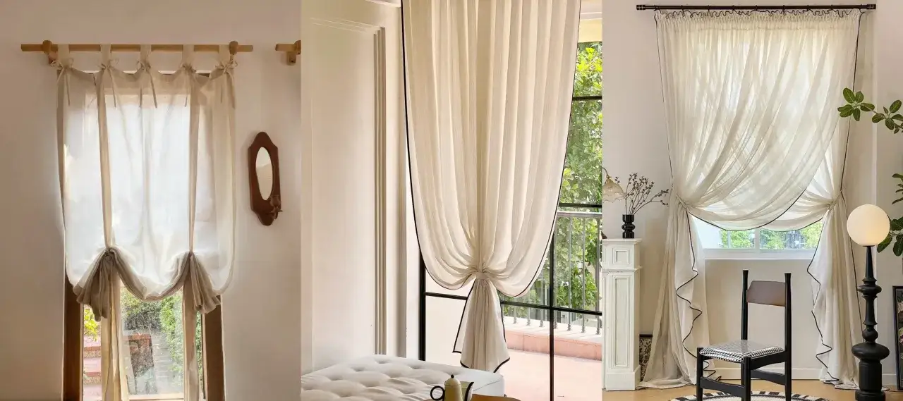 Tres formas originales de colgar cortinas: con lazos de tela, recogidas con cordones y con remates oscuros.