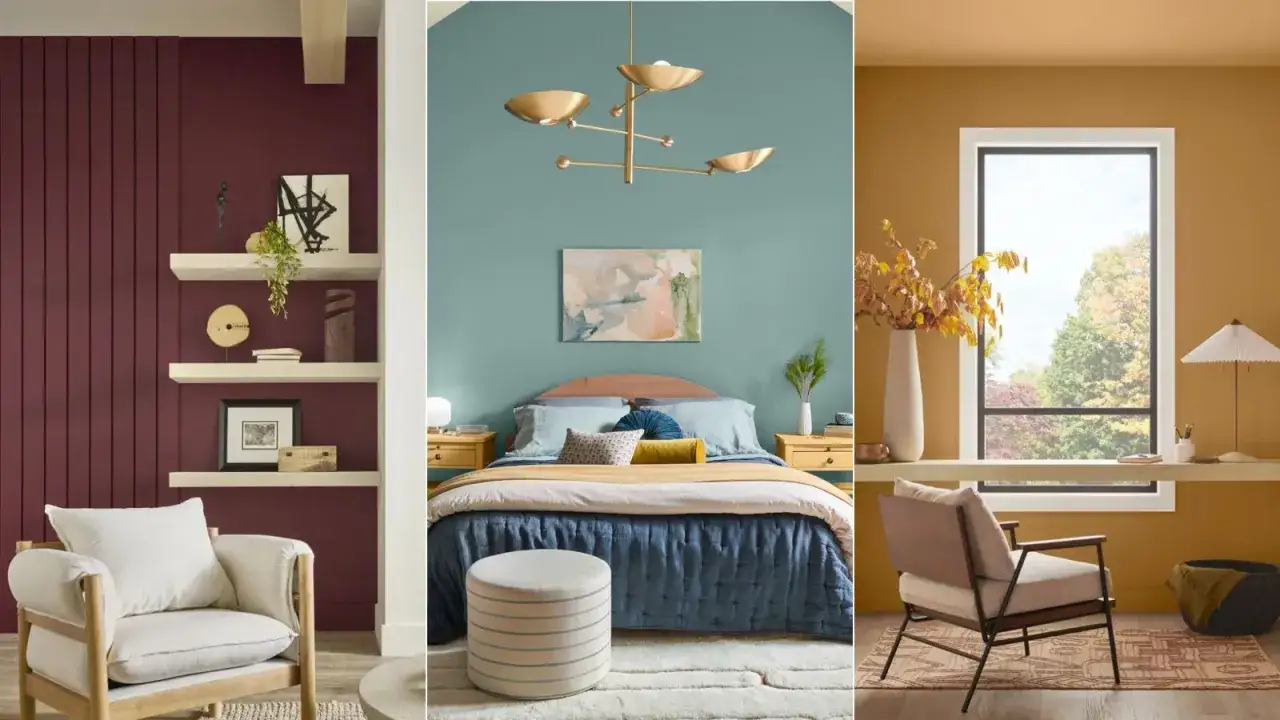 Ideas para pintar tu casa por dentro: paredes en burdeos, azul verdoso y ocre, con muebles modernos y decoración acogedora.