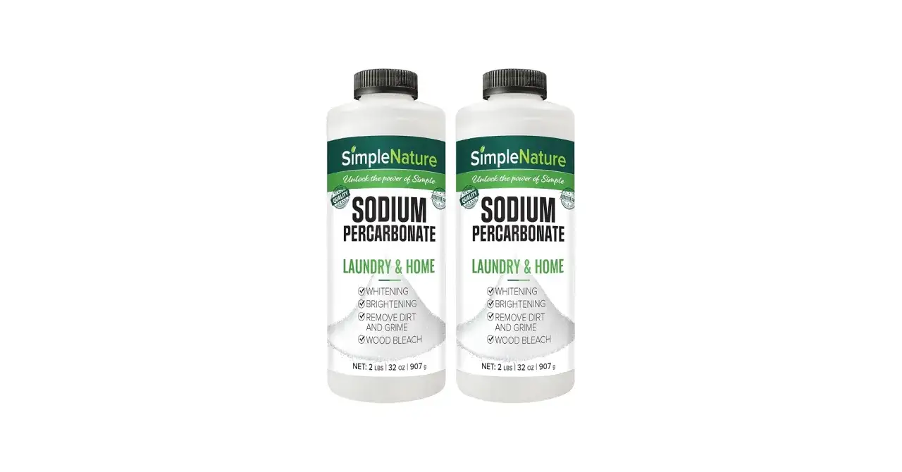 Dos botellas de percarbonato de sodio SimpleNature para lavandería y hogar, ideal para blanquear y eliminar suciedad.