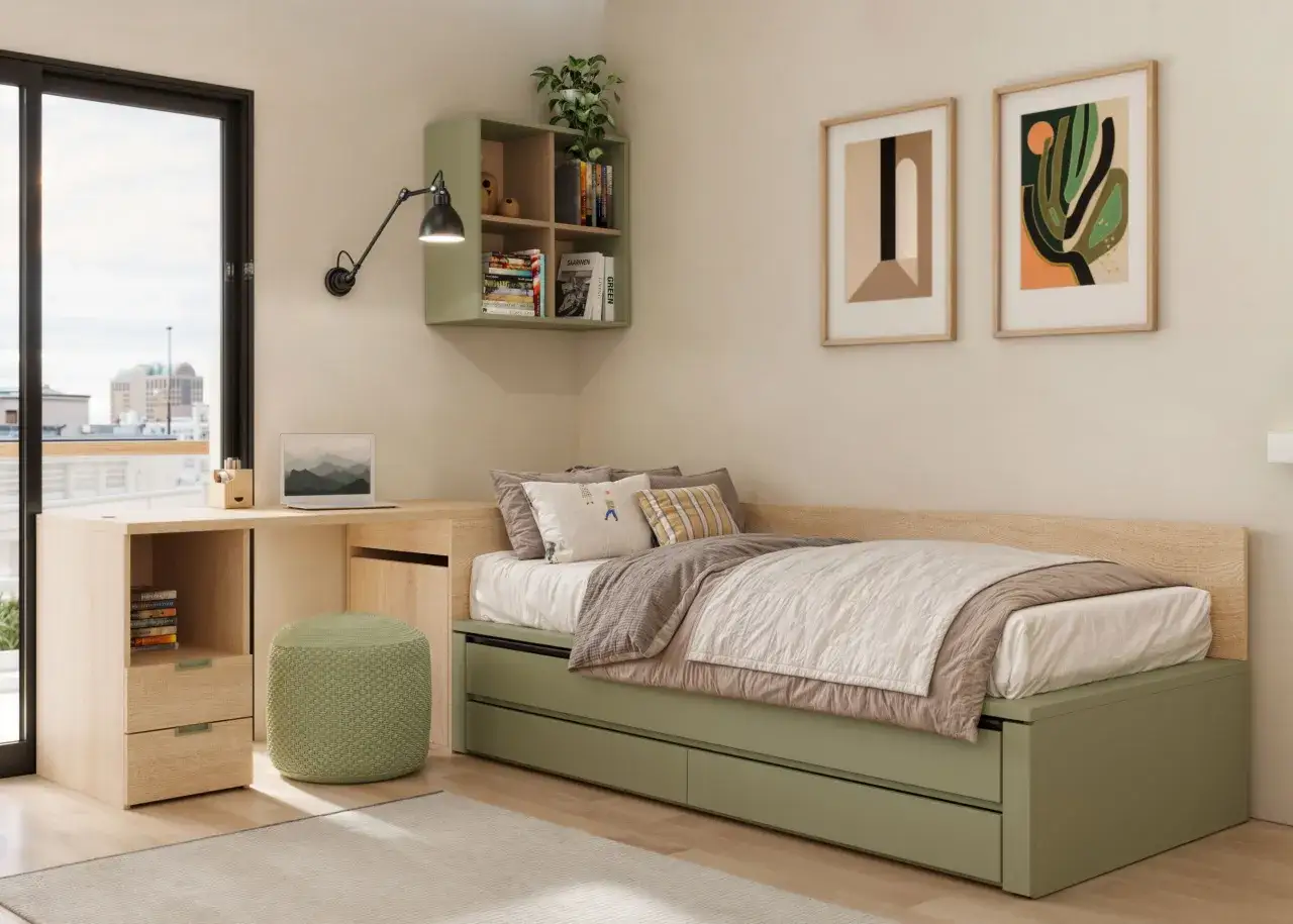 Una cama nido con cajones debajo, ideal para optimizar el espacio en habitaciones juveniles.
