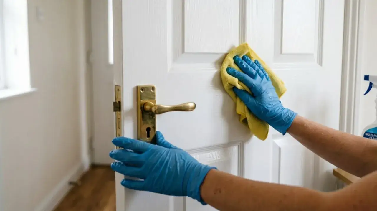Manos con guantes azules limpian puerta lacada en blanco con paño amarillo. Aprende como limpiar puertas lacadas en blanco fácilmente.