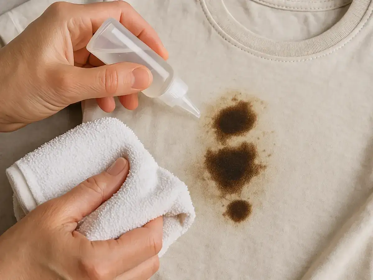 Manos aplicando líquido a una mancha de aceite en ropa beige, con un paño blanco listo para limpiar. Aprende como quitar manchas de aceite de la ropa.