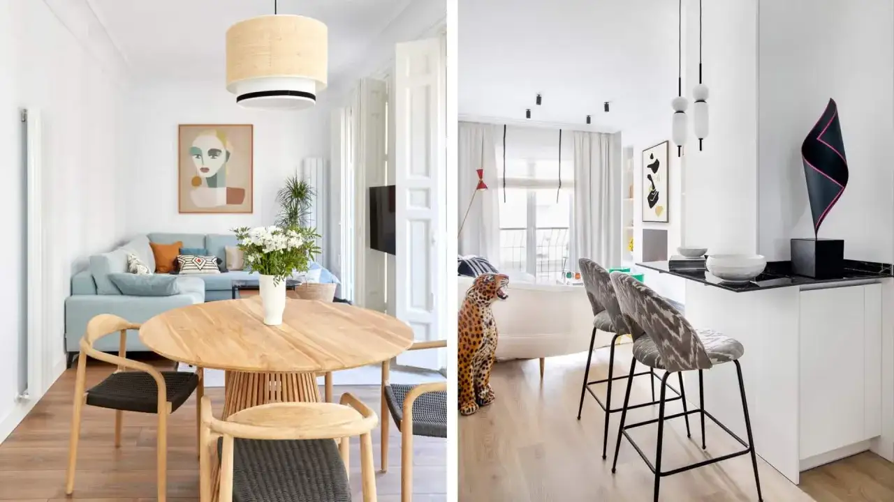 Elegante decoracion salon comedor con sofá azul, mesa de madera y barra de cocina con taburetes.