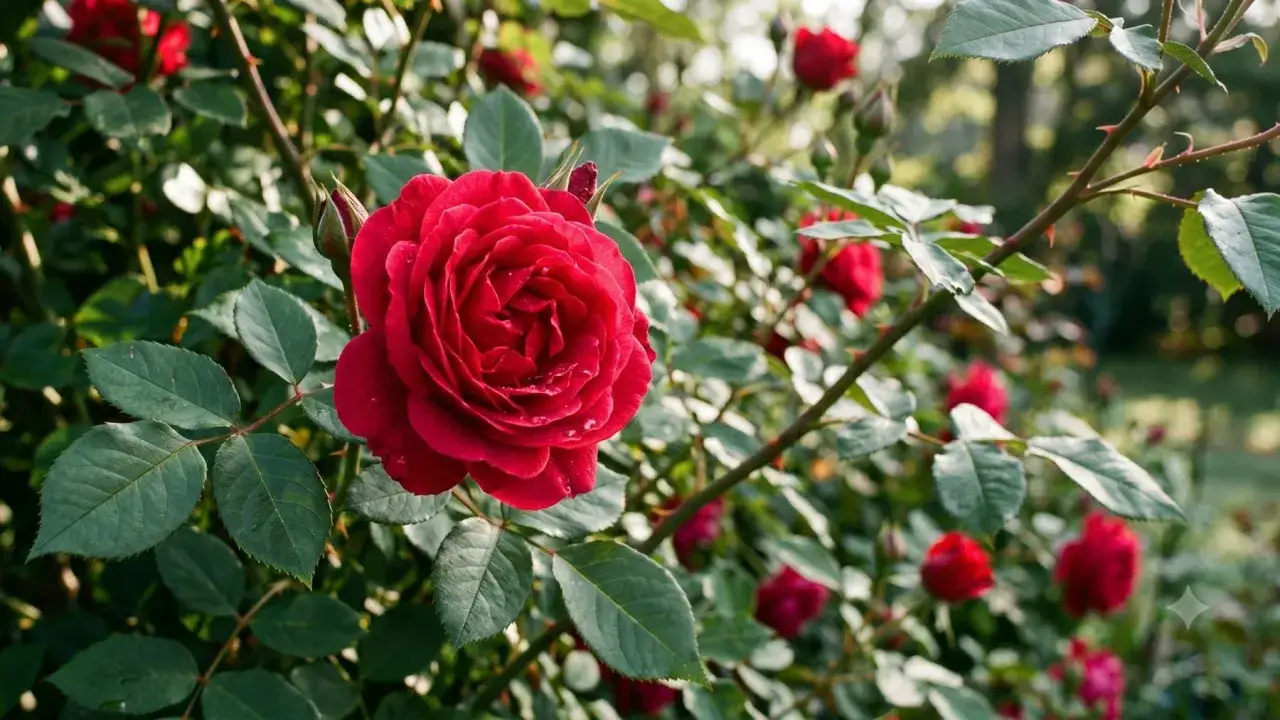 Una rosa roja vibrante, con gotas de roc&iacute;o, en un jard&iacute;n que muestra el cuidado de las rosas.