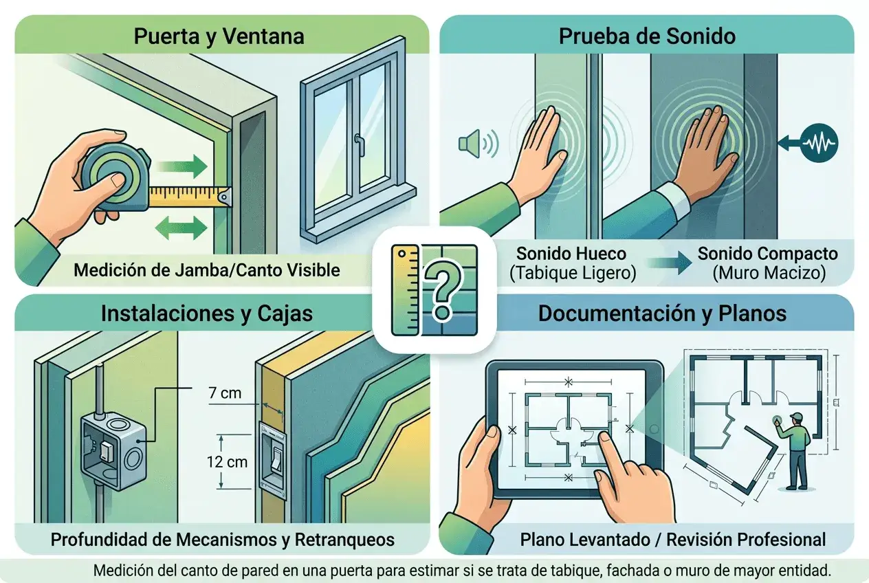Ilustración muestra cómo saber el grosor de una pared midiendo jambas, probando sonido, revisando instalaciones y planos.
