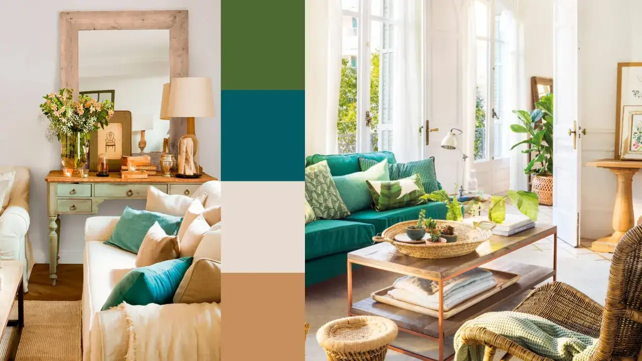 Paleta de colores para pintar inspirada en un sal&oacute;n acogedor con sof&aacute; verde esmeralda, cojines turquesa y detalles naturales.