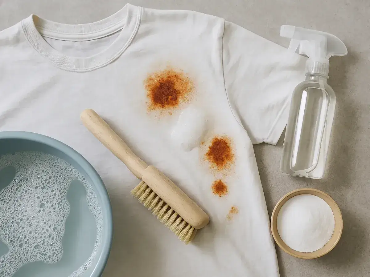 Prepara tu ropa de color para quitar manchas de &oacute;xido con un cepillo, jab&oacute;n y bicarbonato.