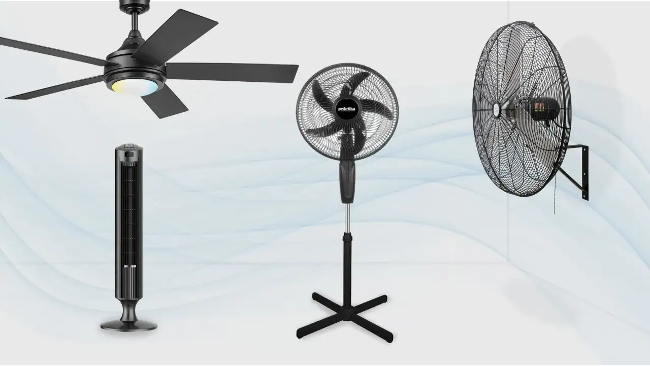Ventilador de techo negro con luz, ventilador de torre, ventilador de pedestal y ventilador de pared. Diversos tipos de ventiladores para refrescar tu hogar.
