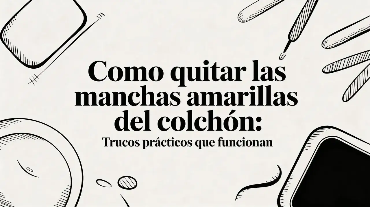 C&oacute;mo quitar las manchas amarillas del colch&oacute;n: trucos pr&aacute;cticos que funcionan. Ilustraci&oacute;n de un colch&oacute;n y utensilios de limpieza.