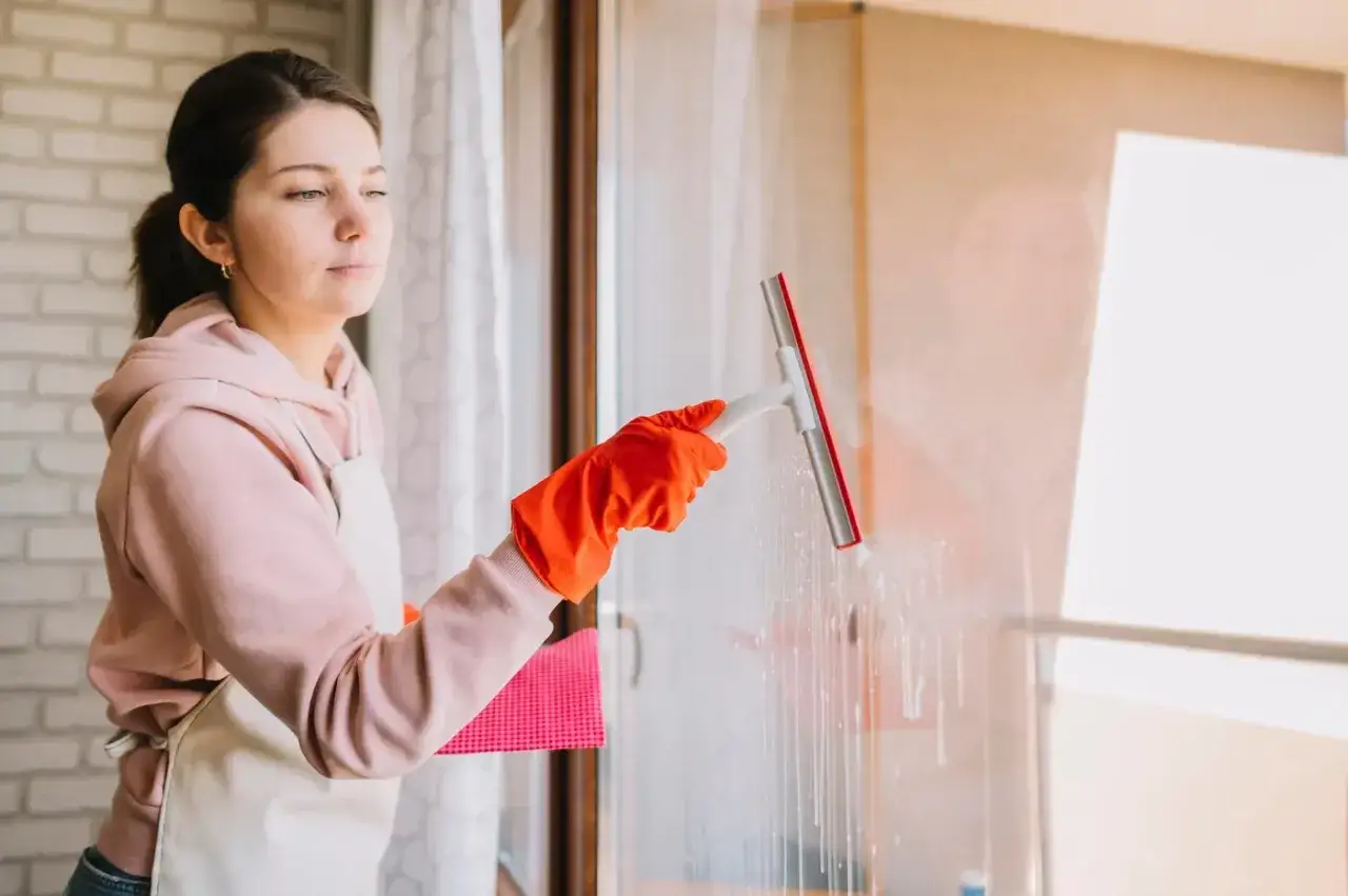 Mujer con guantes naranjas y delantal limpiando cristales con una rasqueta.