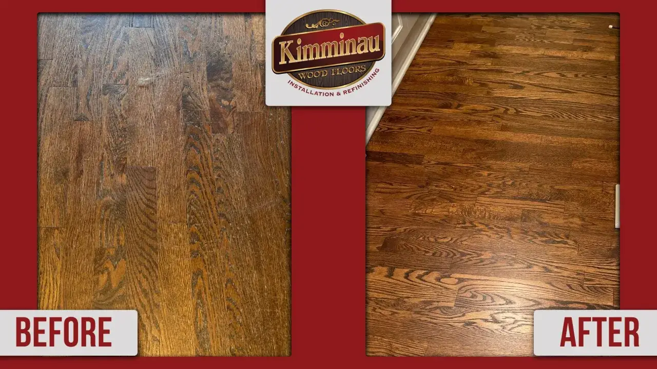 Parquet rayado antes y después de ser restaurado. El suelo de madera luce renovado y brillante.