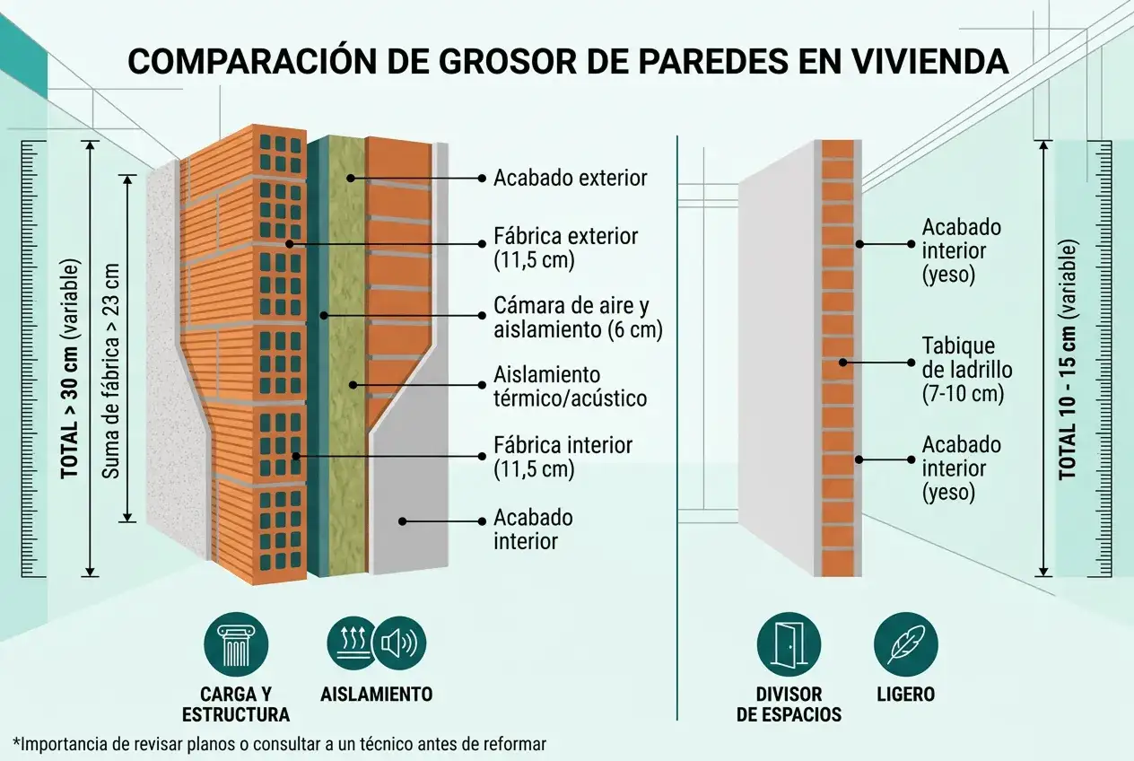 Comparaci&oacute;n de grosor de paredes. Muestra un tabique de ladrillo de 7-10 cm entre viviendas, con acabados de yeso.