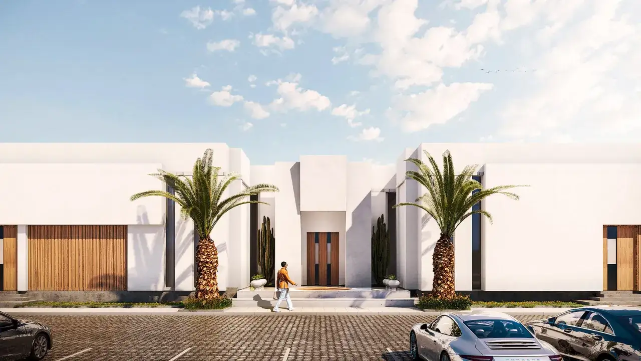 Modern house with palm trees and cars. Se necesita proyecto para hacer un garaje.