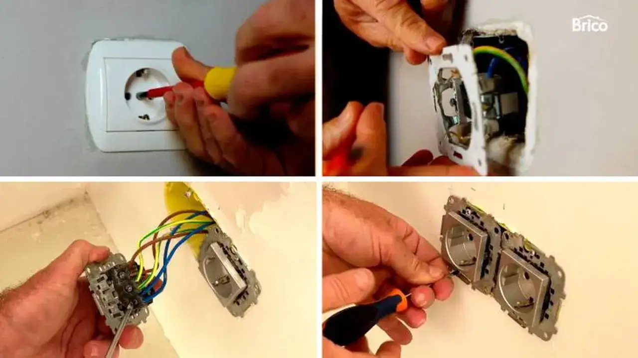 Manos trabajando para cambiar enchufe antiguo. Se ve el proceso de desmontaje y conexi&oacute;n de cables.