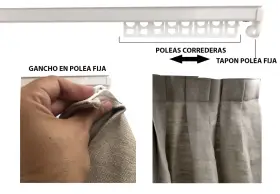 Detalle de cómo colgar cortinas: gancho en polea fija y poleas correderas en riel.