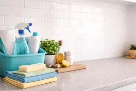 Todo lo necesario para saber como limpiar azulejos baño: esponjas, toallas, spray limpiador, planta y limón.