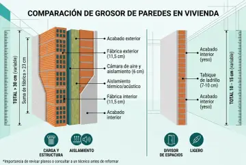 Comparación de grosor de paredes en vivienda. Muestra cómo saber el grosor de una pared con diferentes capas de construcción.